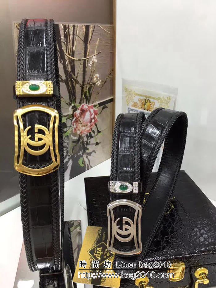 古馳CUCCI 古馳純手工編織無拼接美洲鱷魚肚皮 專櫃雙G鋼扣 高端男士皮帶 GHG1079